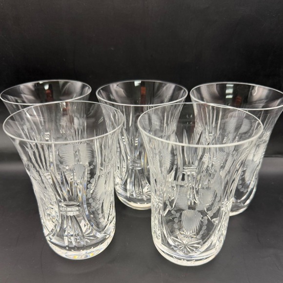 Other - Vtg Set of 5 Crystal Bohemian Cut Clear Tumbler Glasses Etched MCM Czech Glass